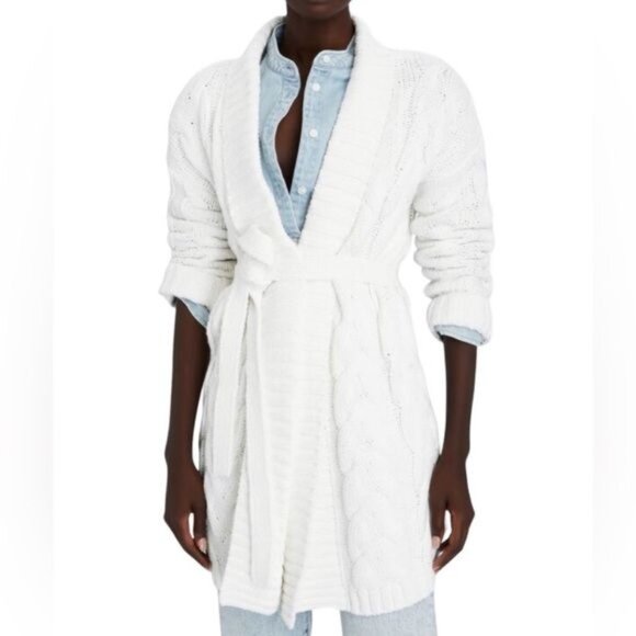 L'Agence Jax Oversized Belted Cable-Knit Cardigan in Off White Size Small - Picture 1 of 16